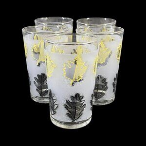 VTG MCM Libbey Shooters Frosted Yellow Maple Black Oak Leaf Juice Glasses 5-Lot
